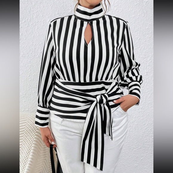 Plus Size Striped Long Sleeve Shirt Top Blouse Black White - Picture 2 of 5